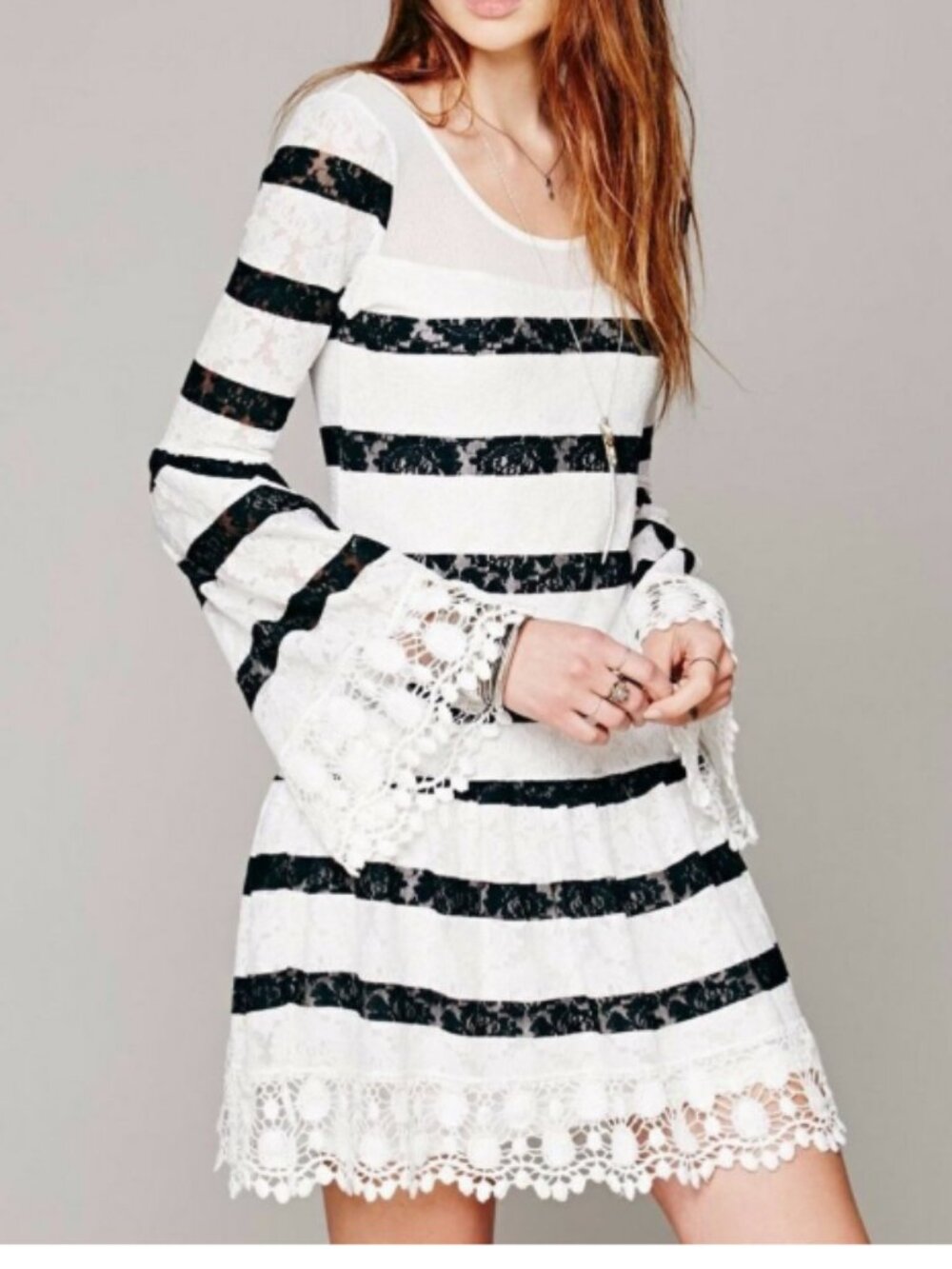 Free People Black White Striped Floral Lace Mini Dress